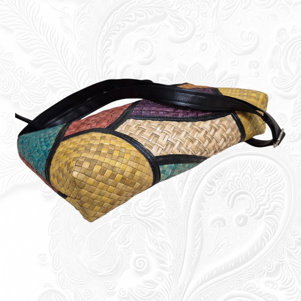 HandWoven  Pandan Leaves Multicolor Patchwork Crossbody Bag with Black Strap - Picture 3 of 6